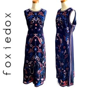 Foxiedox “Fuji” Heavy Embroidered Dark Blue Velvet Tea Length Dress- 10